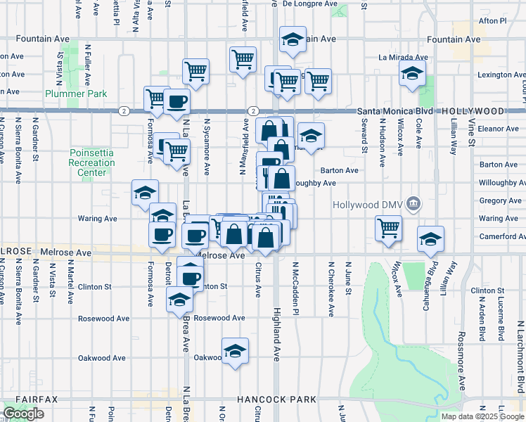 map of restaurants, bars, coffee shops, grocery stores, and more near 822 North Citrus Avenue in Los Angeles