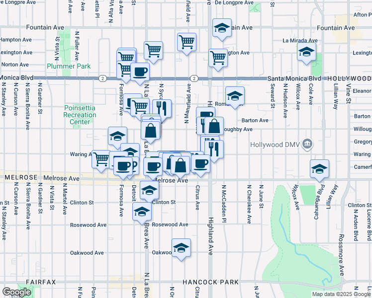 map of restaurants, bars, coffee shops, grocery stores, and more near 823 North Mansfield Avenue in Los Angeles