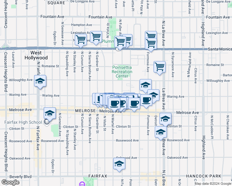 map of restaurants, bars, coffee shops, grocery stores, and more near 823 North Fuller Avenue in Los Angeles