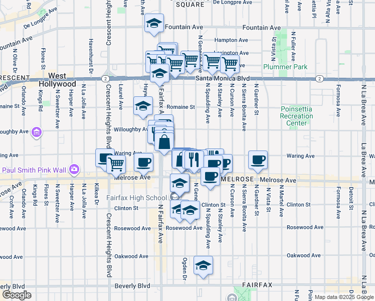 map of restaurants, bars, coffee shops, grocery stores, and more near 822 North Ogden Drive in Los Angeles