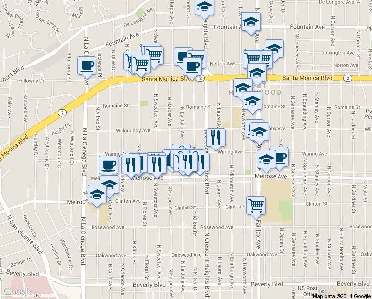 map of restaurants, bars, coffee shops, grocery stores, and more near 818 North La Jolla Avenue in Los Angeles