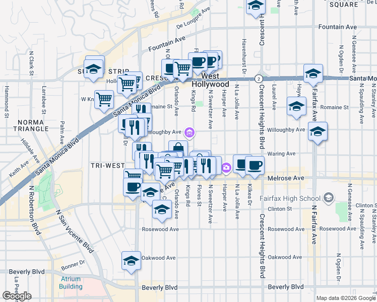 map of restaurants, bars, coffee shops, grocery stores, and more near in West Hollywood