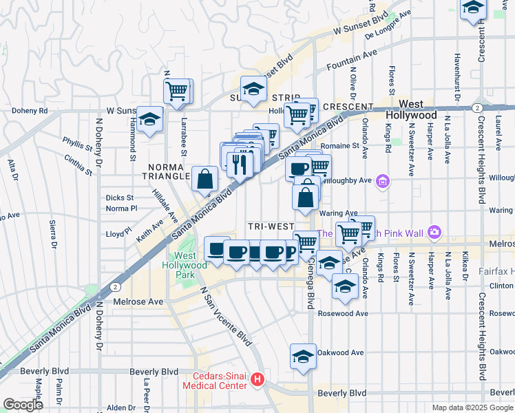 map of restaurants, bars, coffee shops, grocery stores, and more near 833 Westbourne Drive in West Hollywood