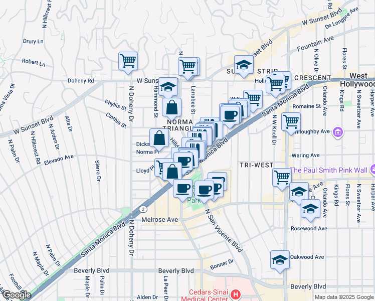 map of restaurants, bars, coffee shops, grocery stores, and more near 840 North San Vicente Boulevard in West Hollywood