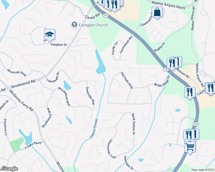 map of restaurants, bars, coffee shops, grocery stores, and more near 4045 Bridle Ridge Drive in Suwanee