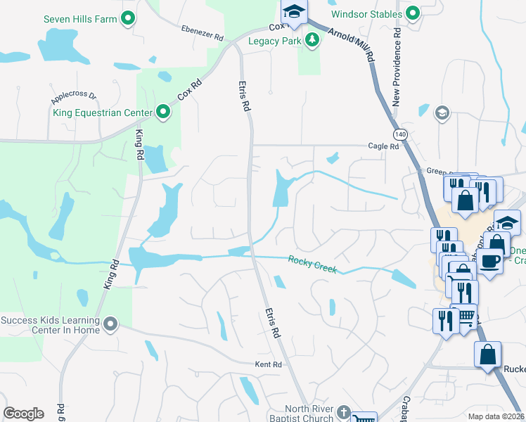 map of restaurants, bars, coffee shops, grocery stores, and more near 12455 Etris Road in Roswell