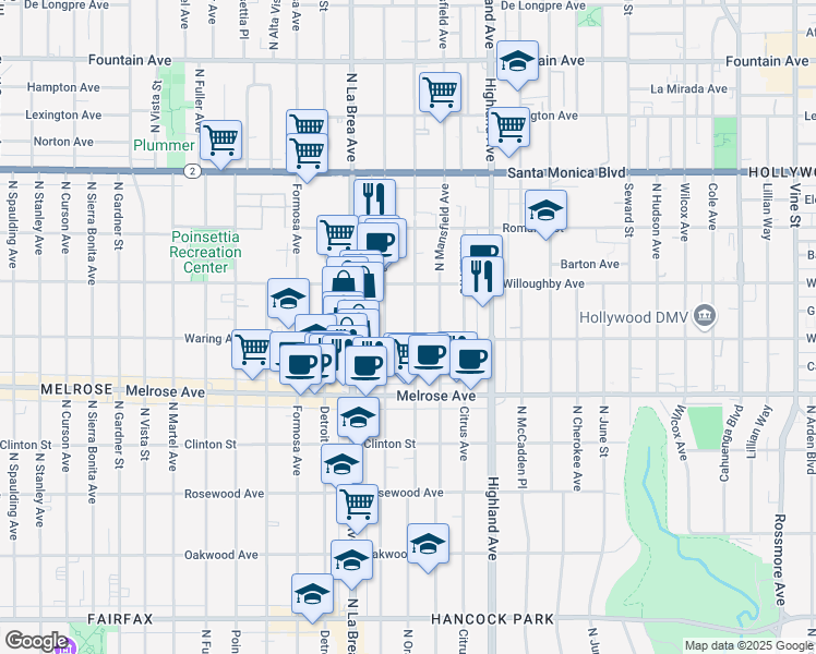 map of restaurants, bars, coffee shops, grocery stores, and more near 813 North Orange Drive in Los Angeles