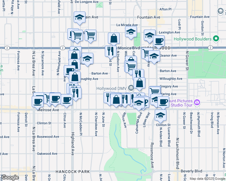 map of restaurants, bars, coffee shops, grocery stores, and more near 817 Seward Street in Los Angeles