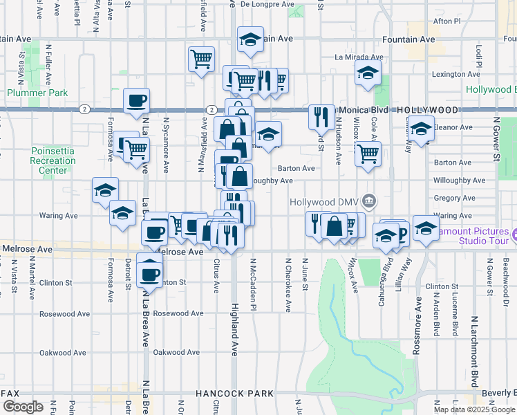 map of restaurants, bars, coffee shops, grocery stores, and more near 812 North McCadden Place in Los Angeles