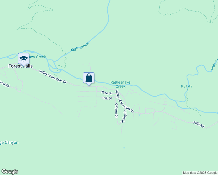 map of restaurants, bars, coffee shops, grocery stores, and more near 41118 Valley of the Falls Drive in Forest Falls