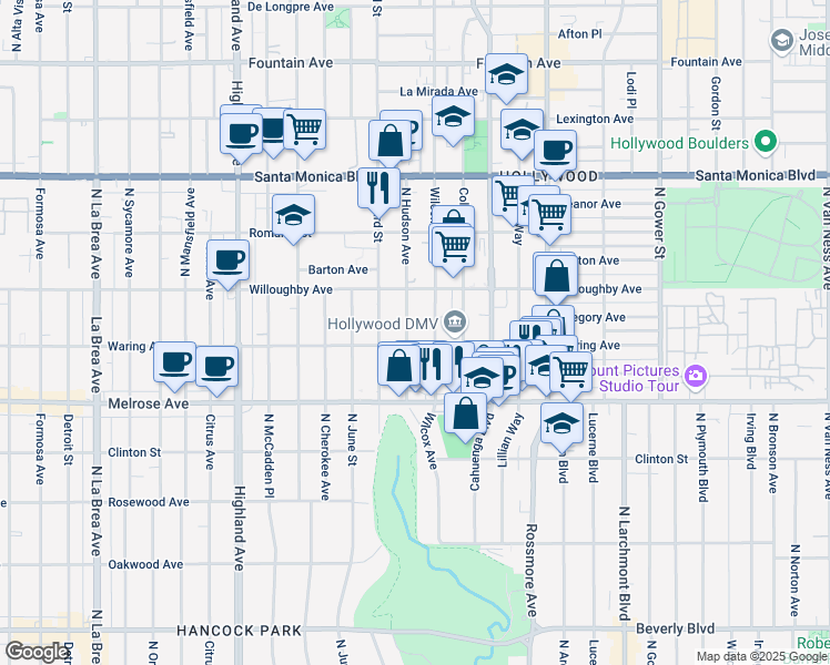 map of restaurants, bars, coffee shops, grocery stores, and more near 812 North Hudson Avenue in Los Angeles
