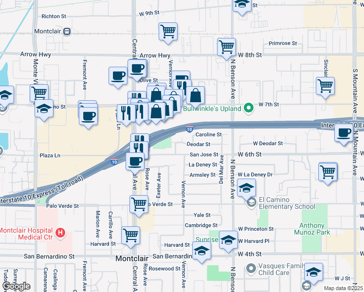 map of restaurants, bars, coffee shops, grocery stores, and more near 9221 Vernon Avenue in Montclair