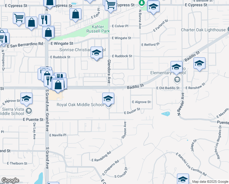 map of restaurants, bars, coffee shops, grocery stores, and more near 1322 East Badillo Street in Covina