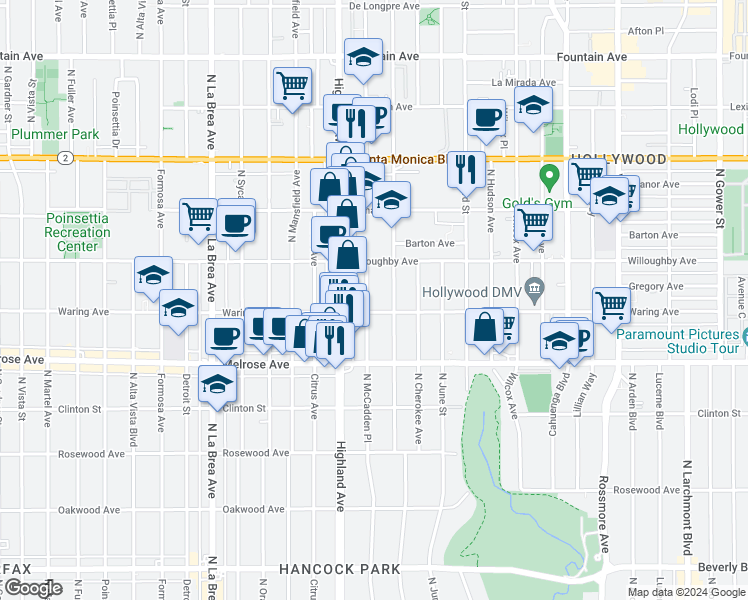 map of restaurants, bars, coffee shops, grocery stores, and more near 812 North McCadden Place in Los Angeles