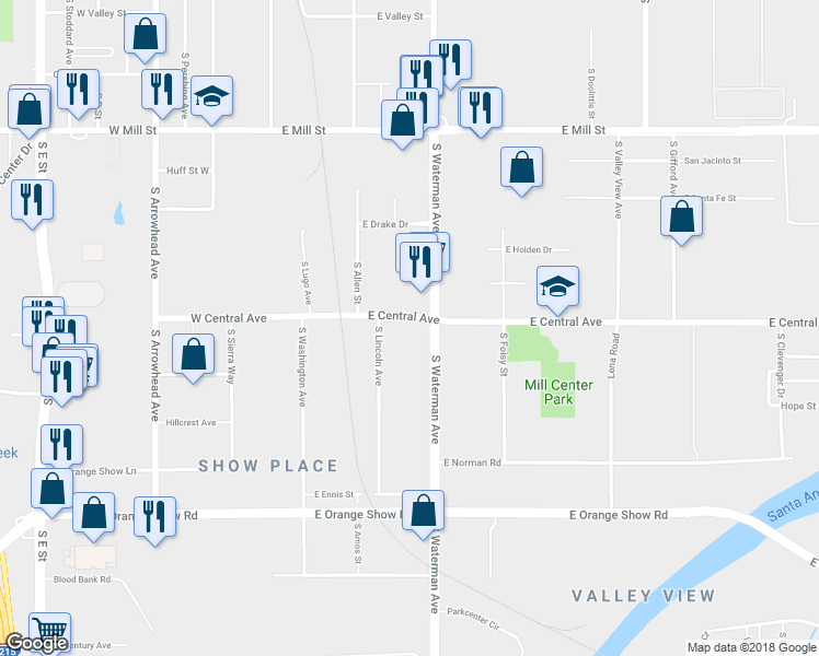 map of restaurants, bars, coffee shops, grocery stores, and more near 24053 East Central Avenue in San Bernardino