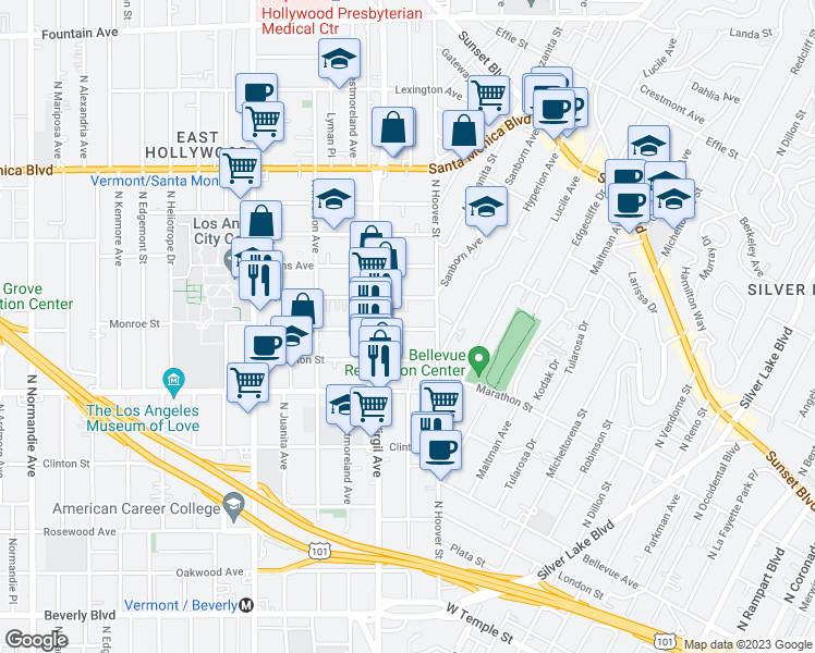 map of restaurants, bars, coffee shops, grocery stores, and more near 4033 1/2 Monroe Street in Los Angeles