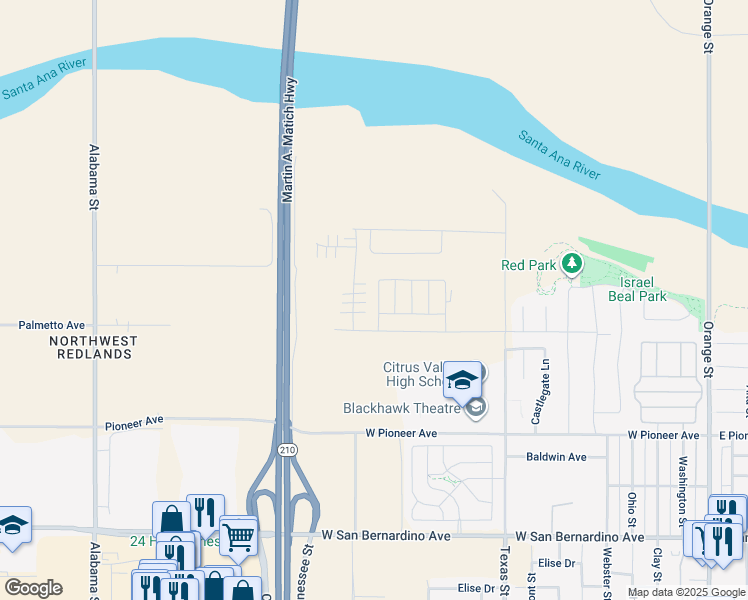 map of restaurants, bars, coffee shops, grocery stores, and more near 2049 Zest Street in Redlands