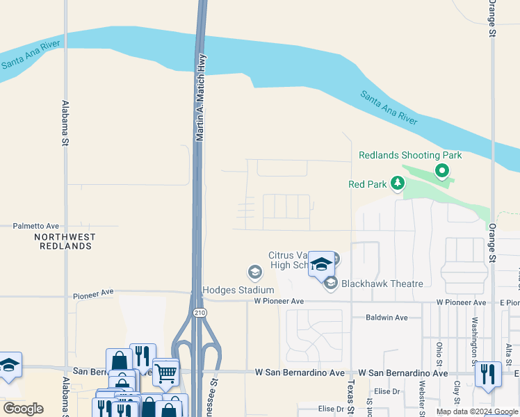 map of restaurants, bars, coffee shops, grocery stores, and more near 2049 Zest Street in Redlands