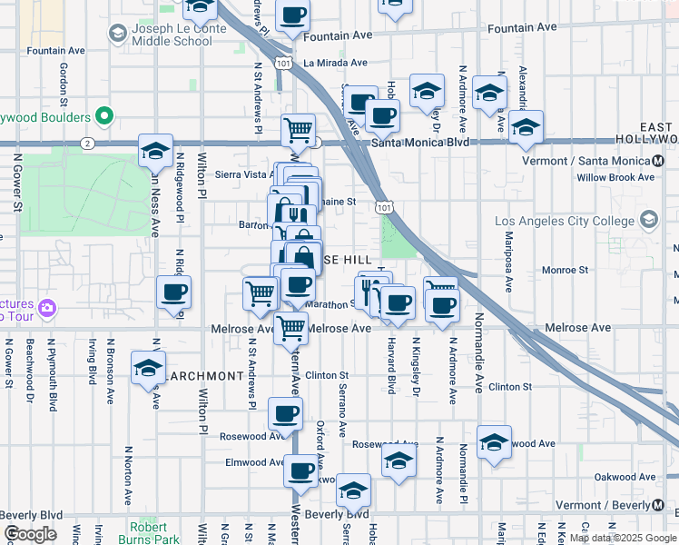 map of restaurants, bars, coffee shops, grocery stores, and more near 5034 Lemon Grove Avenue in Los Angeles