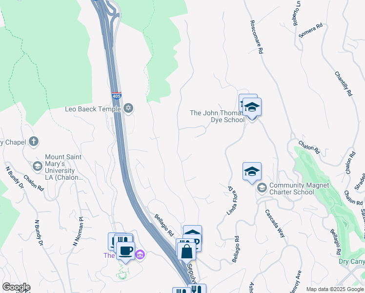 map of restaurants, bars, coffee shops, grocery stores, and more near 1099 Moraga Drive in Los Angeles