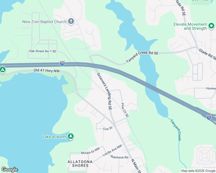 map of restaurants, bars, coffee shops, grocery stores, and more near 5320 Groovers Landing Road Southeast in Acworth