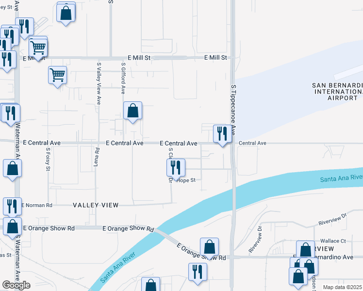map of restaurants, bars, coffee shops, grocery stores, and more near 987A East Central Avenue in San Bernardino