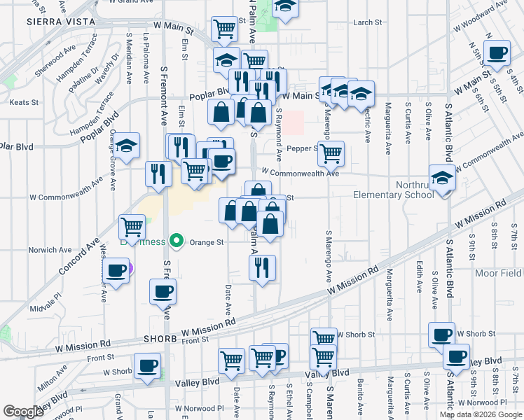 map of restaurants, bars, coffee shops, grocery stores, and more near 410 South Palm Avenue in Alhambra