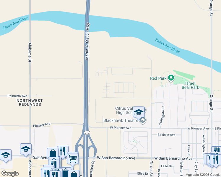 map of restaurants, bars, coffee shops, grocery stores, and more near 2058 Bergamot Street in Redlands