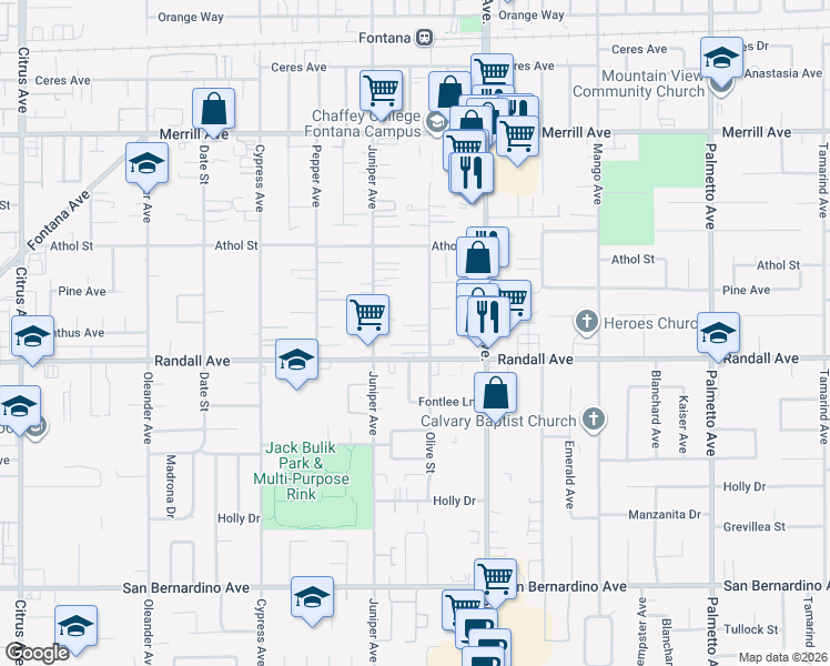 map of restaurants, bars, coffee shops, grocery stores, and more near 9250 Olive Street in Fontana