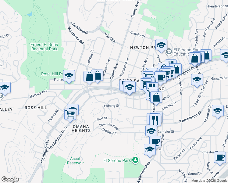 map of restaurants, bars, coffee shops, grocery stores, and more near 4671 Huntington Drive South in Los Angeles