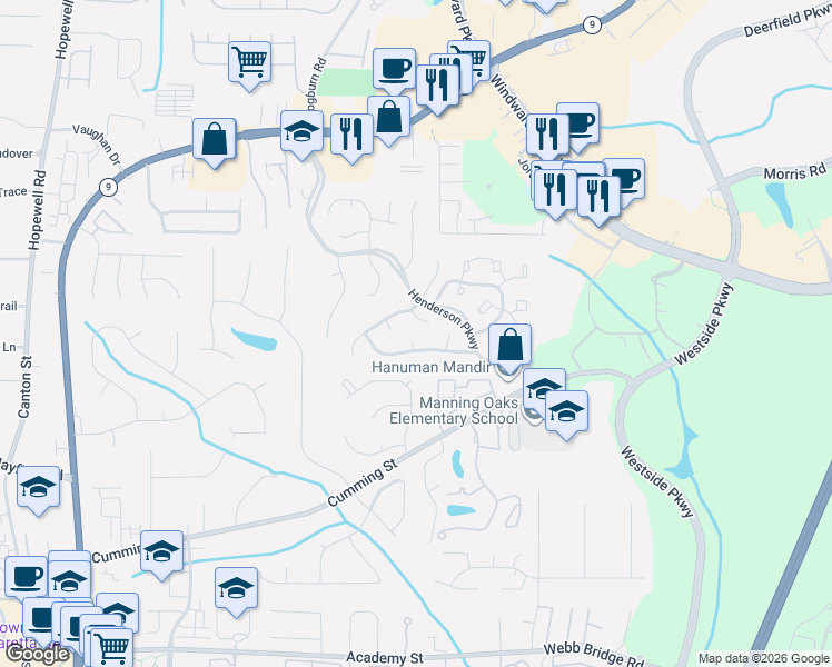 map of restaurants, bars, coffee shops, grocery stores, and more near 6010 Liana Point in Alpharetta