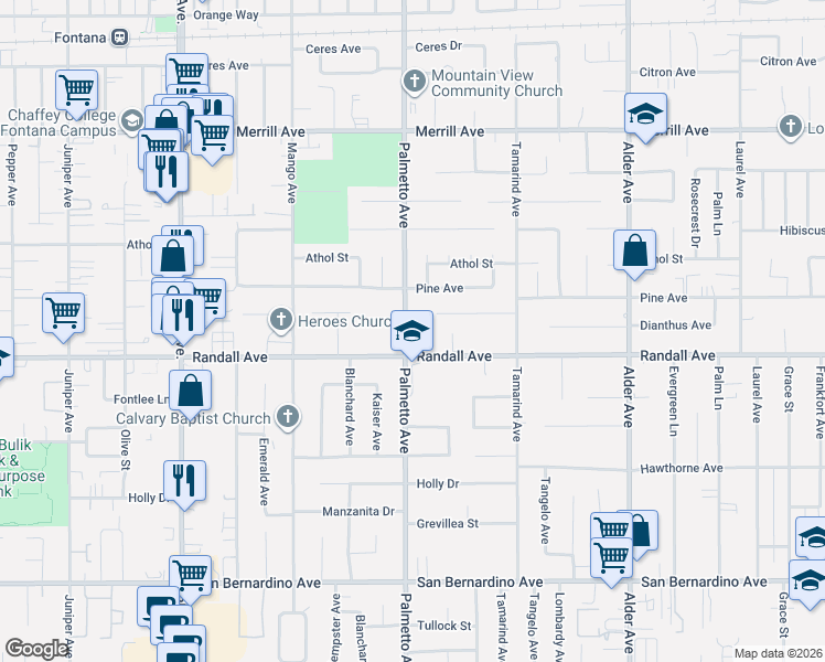 map of restaurants, bars, coffee shops, grocery stores, and more near 9257 Palmetto Avenue in Fontana