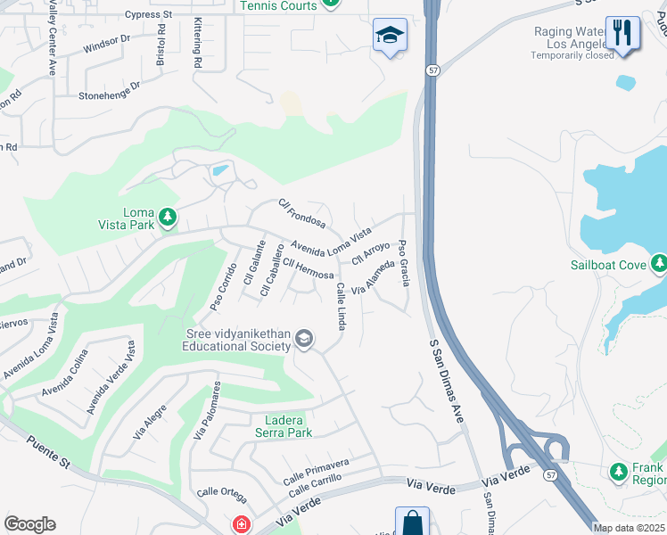 map of restaurants, bars, coffee shops, grocery stores, and more near 1317 Calle Linda in San Dimas