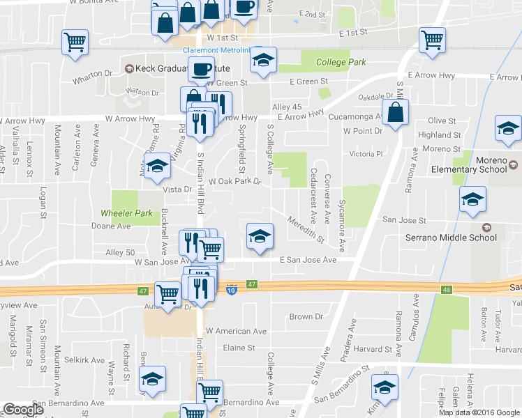 map of restaurants, bars, coffee shops, grocery stores, and more near 111 Castleton Drive in Claremont
