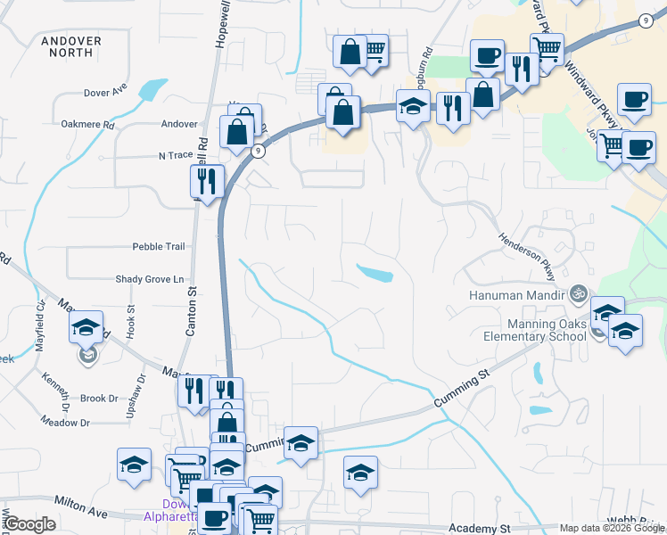 map of restaurants, bars, coffee shops, grocery stores, and more near 111 Denna Place in Alpharetta