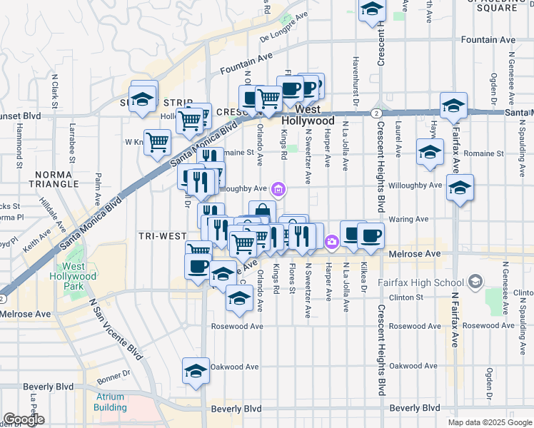 map of restaurants, bars, coffee shops, grocery stores, and more near 810 Orlando Avenue in Los Angeles