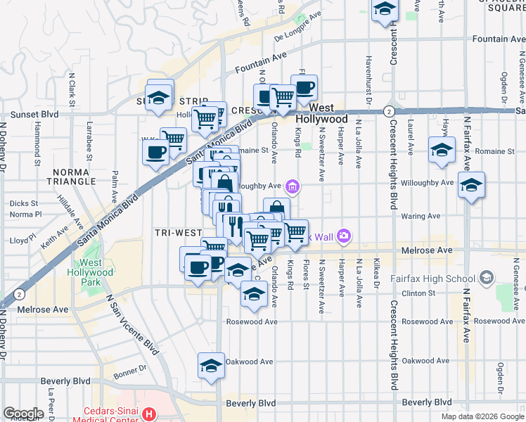 map of restaurants, bars, coffee shops, grocery stores, and more near 812 Croft Avenue in West Hollywood