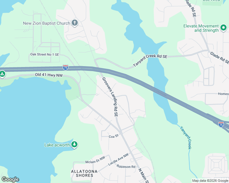 map of restaurants, bars, coffee shops, grocery stores, and more near 5320 Groovers Landing Road Southeast in Acworth