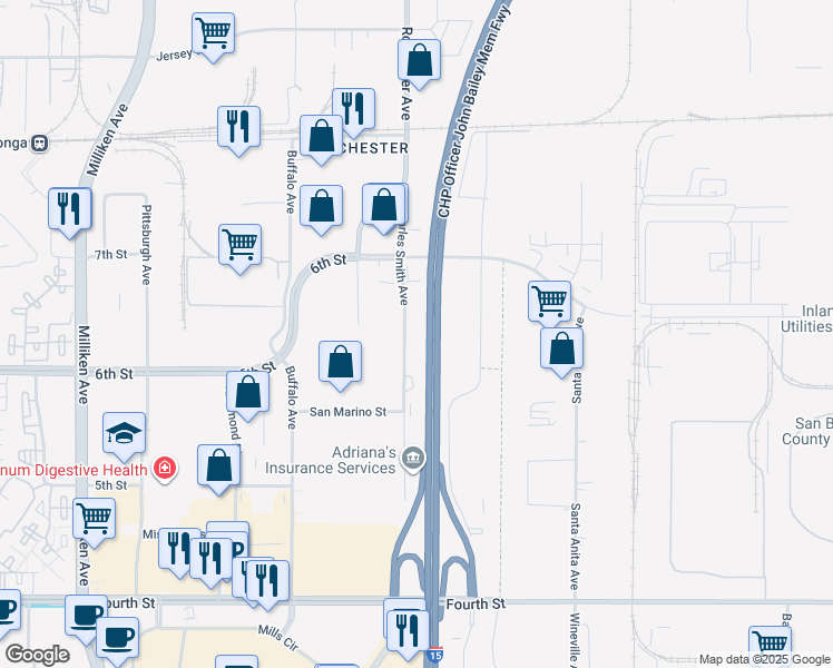 map of restaurants, bars, coffee shops, grocery stores, and more near 9233 Charles Smith Avenue in Rancho Cucamonga