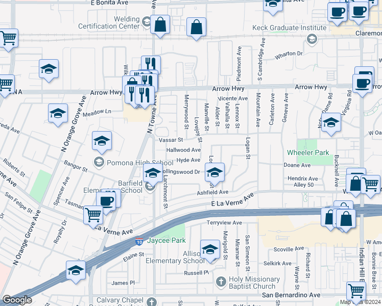 map of restaurants, bars, coffee shops, grocery stores, and more near 934 Hallwood Avenue in Pomona