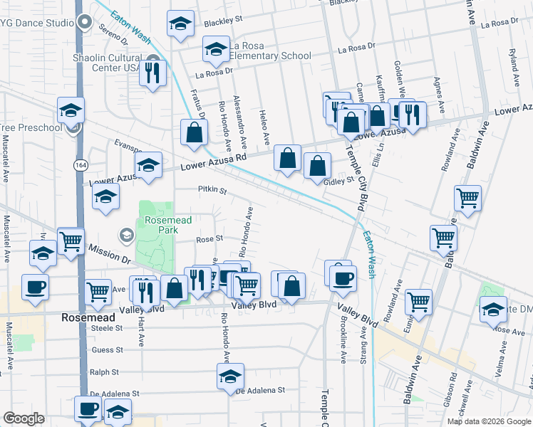map of restaurants, bars, coffee shops, grocery stores, and more near 9428 Pitkin Street in Rosemead