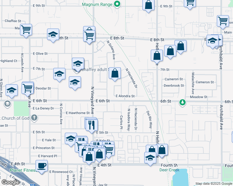 map of restaurants, bars, coffee shops, grocery stores, and more near 1541 North Carlos Avenue in Ontario
