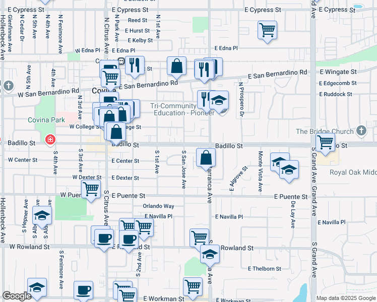 map of restaurants, bars, coffee shops, grocery stores, and more near 412 East Badillo Street in Covina