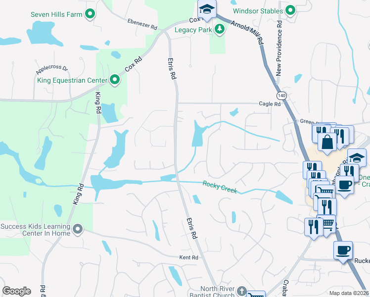 map of restaurants, bars, coffee shops, grocery stores, and more near 12455 Etris Road in Roswell