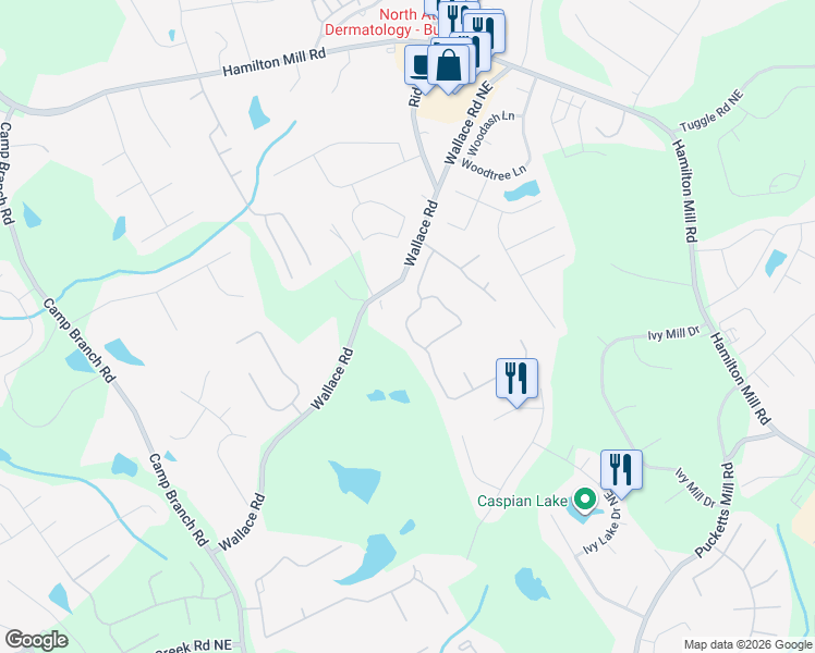 map of restaurants, bars, coffee shops, grocery stores, and more near Victoria Park Drive Northeast in Buford