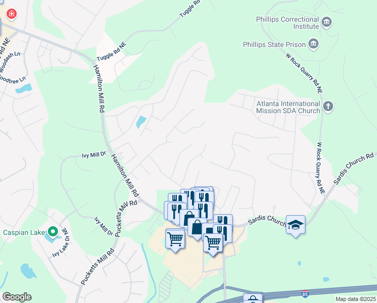 map of restaurants, bars, coffee shops, grocery stores, and more near 3519 Cast Palm Drive in Buford