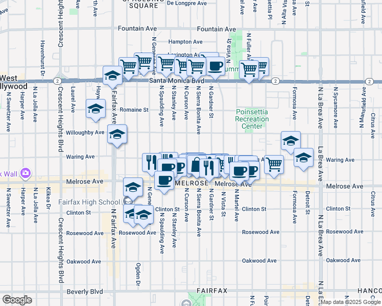 map of restaurants, bars, coffee shops, grocery stores, and more near 810 North Curson Avenue in Los Angeles