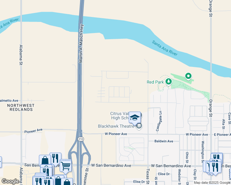 map of restaurants, bars, coffee shops, grocery stores, and more near 2052 Mandarin Lane in Redlands