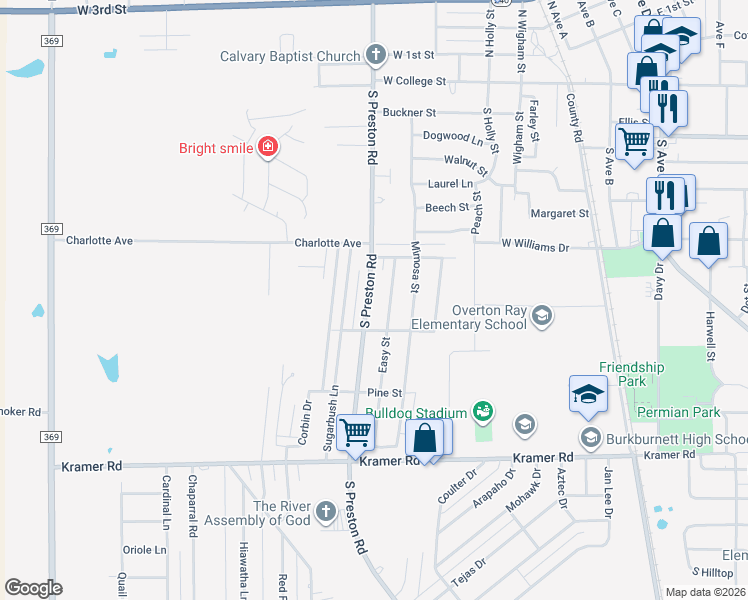 map of restaurants, bars, coffee shops, grocery stores, and more near 811 South Preston Road in Burkburnett