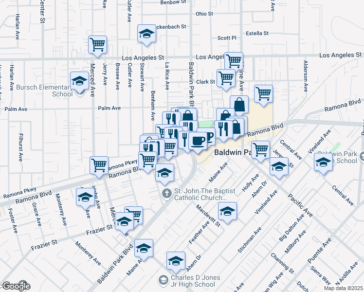 map of restaurants, bars, coffee shops, grocery stores, and more near 14149 Ramona Blvd in Baldwin Park